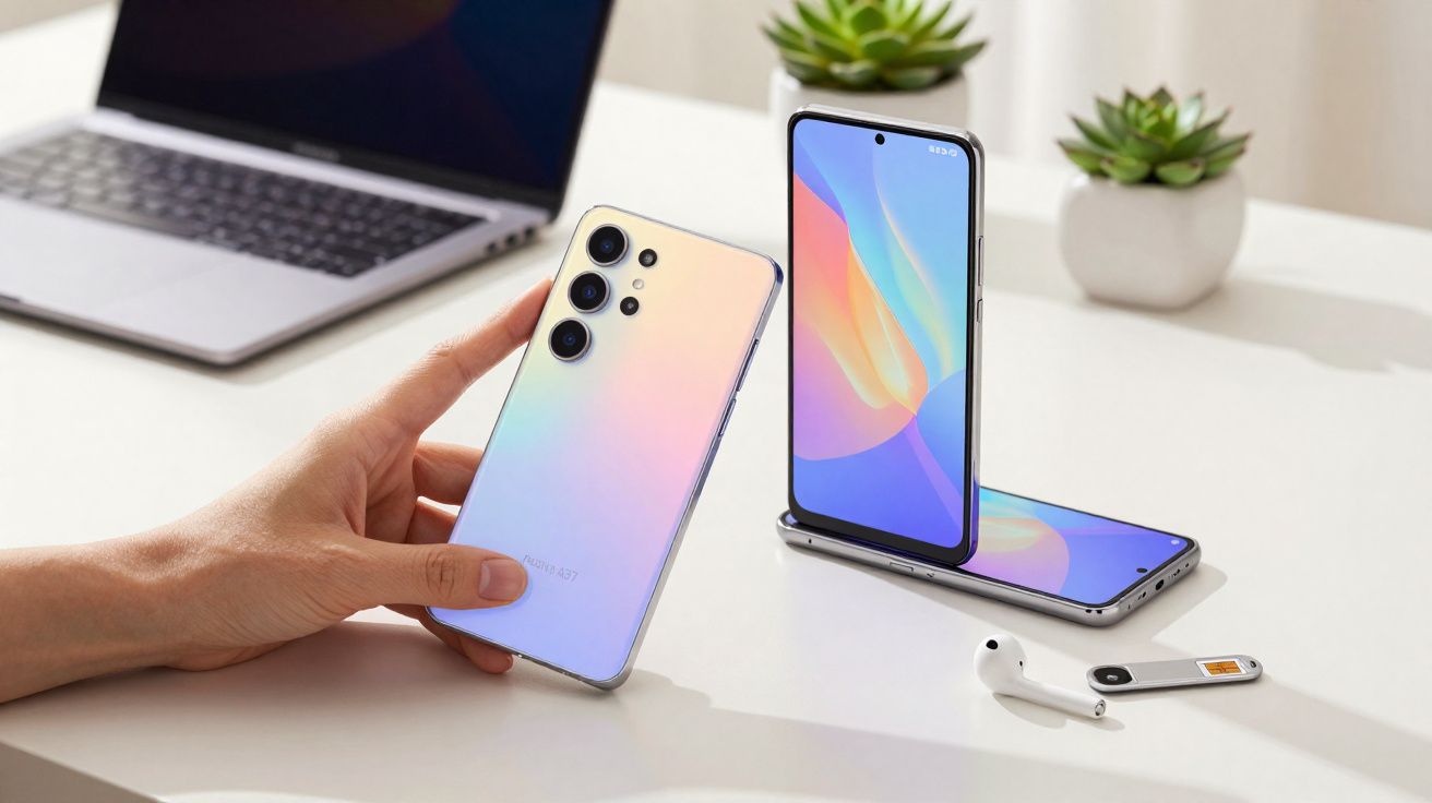 Mão segurando smartphone moderno com câmera tripla, celular dobrável aberto, fones de ouvido e laptop em mesa branca.