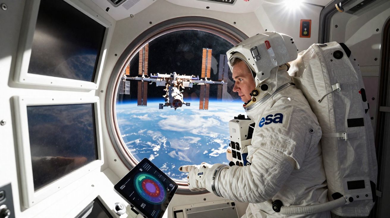 Astronauta da ESA em módulo espacial olhando pela janela a Estação Espacial Internacional em órbita da Terra.