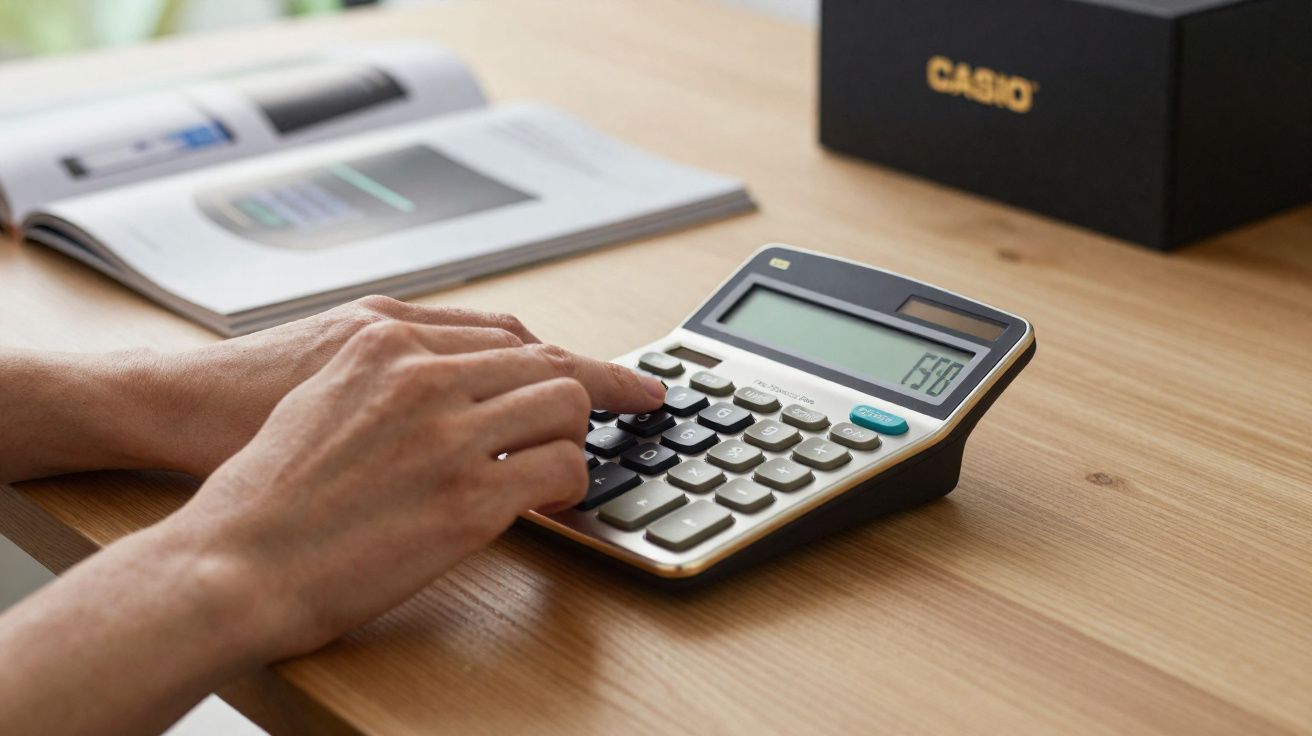 Mãos usando calculadora Casio sobre mesa de madeira com livro e caixa ao fundo.