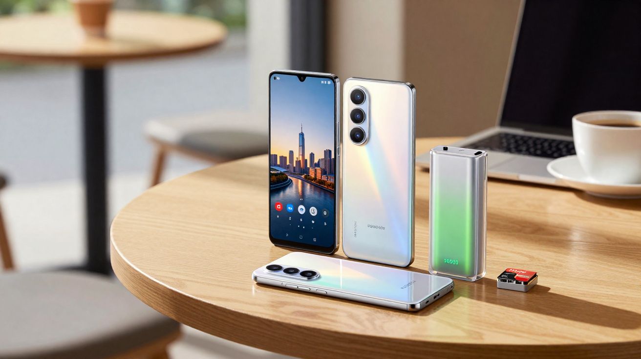 Dois smartphones, um carregador portátil e um adaptador SD sobre mesa de madeira clara em ambiente interno.