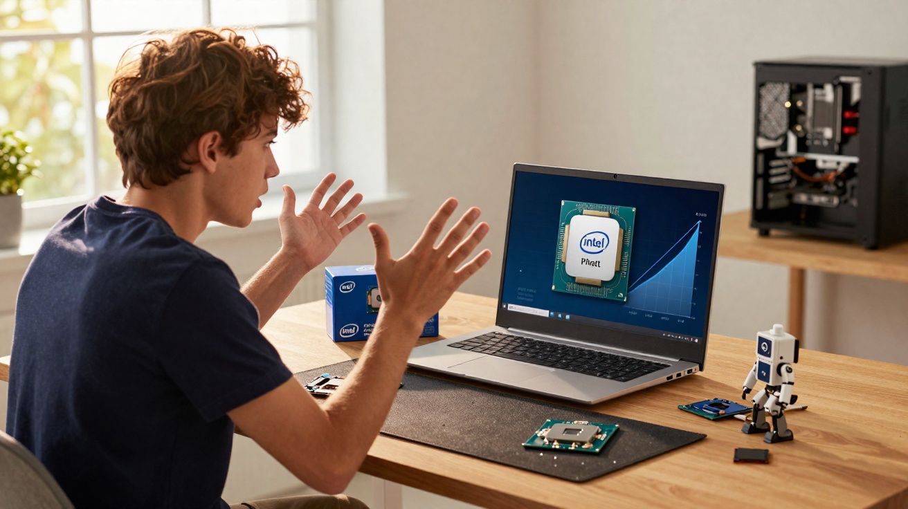 Jovem surpreso diante de laptop com imagem de processador Intel e placa eletrônica na mesa.