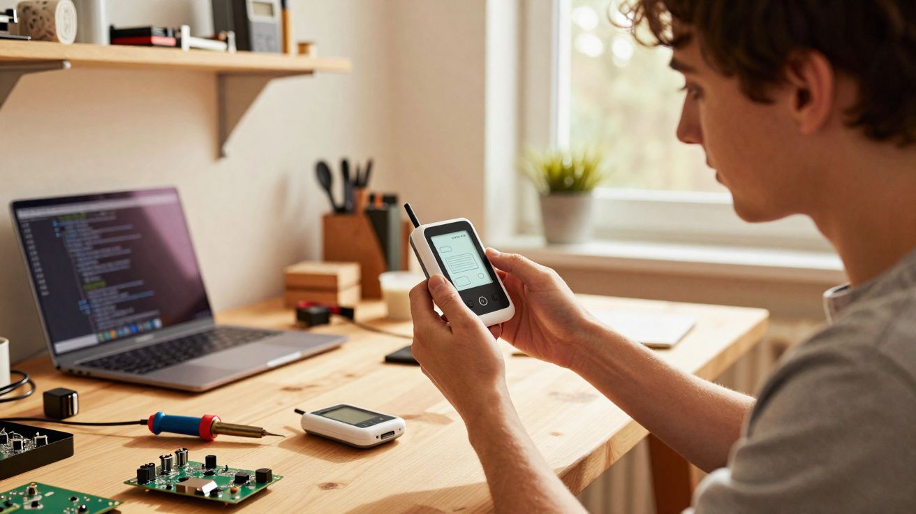 Jovem mexendo em dispositivo eletrônico com computador e peças eletrônicas em mesa de madeira.