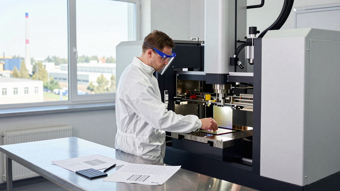 Homem de jaleco branco e óculos de proteção operando máquina industrial em laboratório.