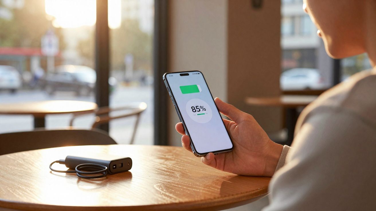 Pessoa segurando smartphone com bateria carregada em 85% junto a power bank sobre mesa em café.