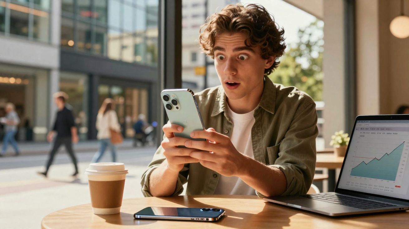 Jovem surpreso olhando para celular em café com laptop aberto mostrando gráfico crescente.