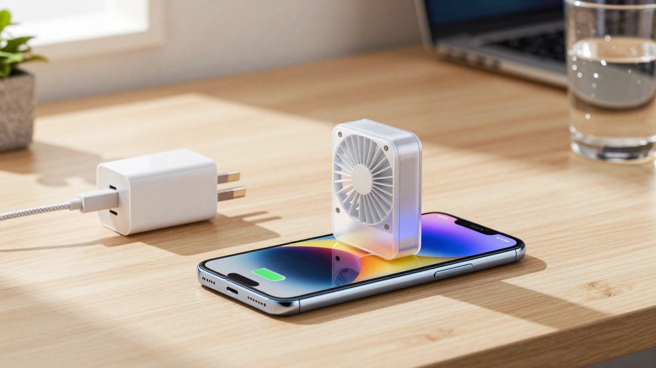 Ventilador portátil branco recarregando sobre smartphone com tela colorida em mesa de madeira.