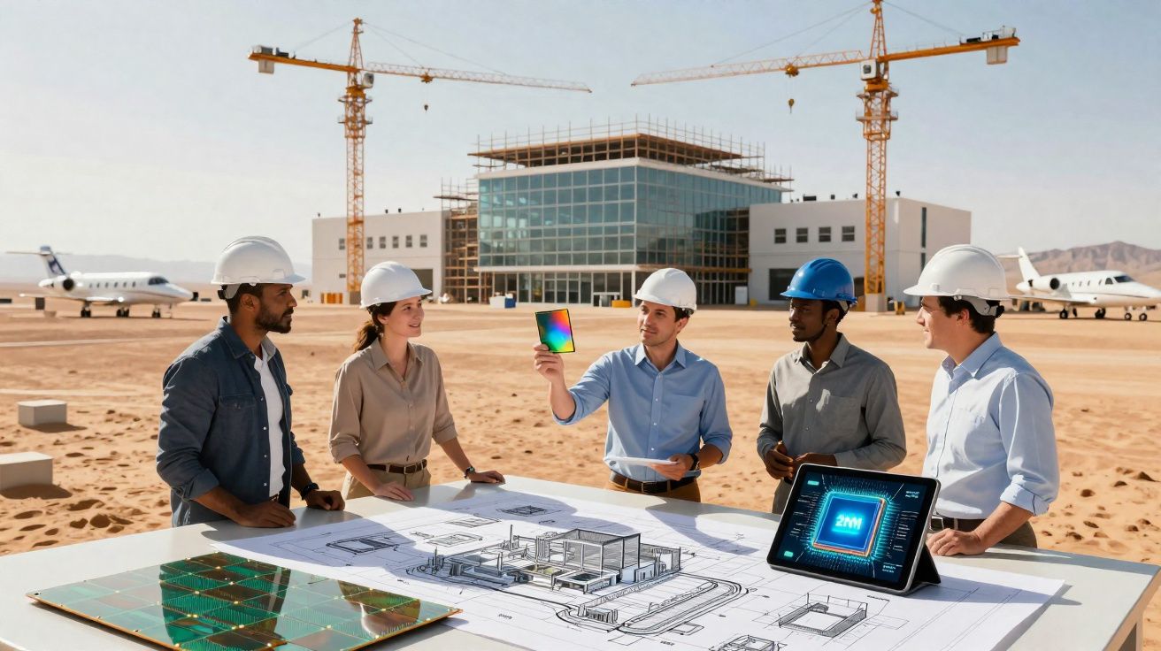 Equipe de engenheiros em canteiro de obras discutindo projeto com prédio em construção ao fundo.