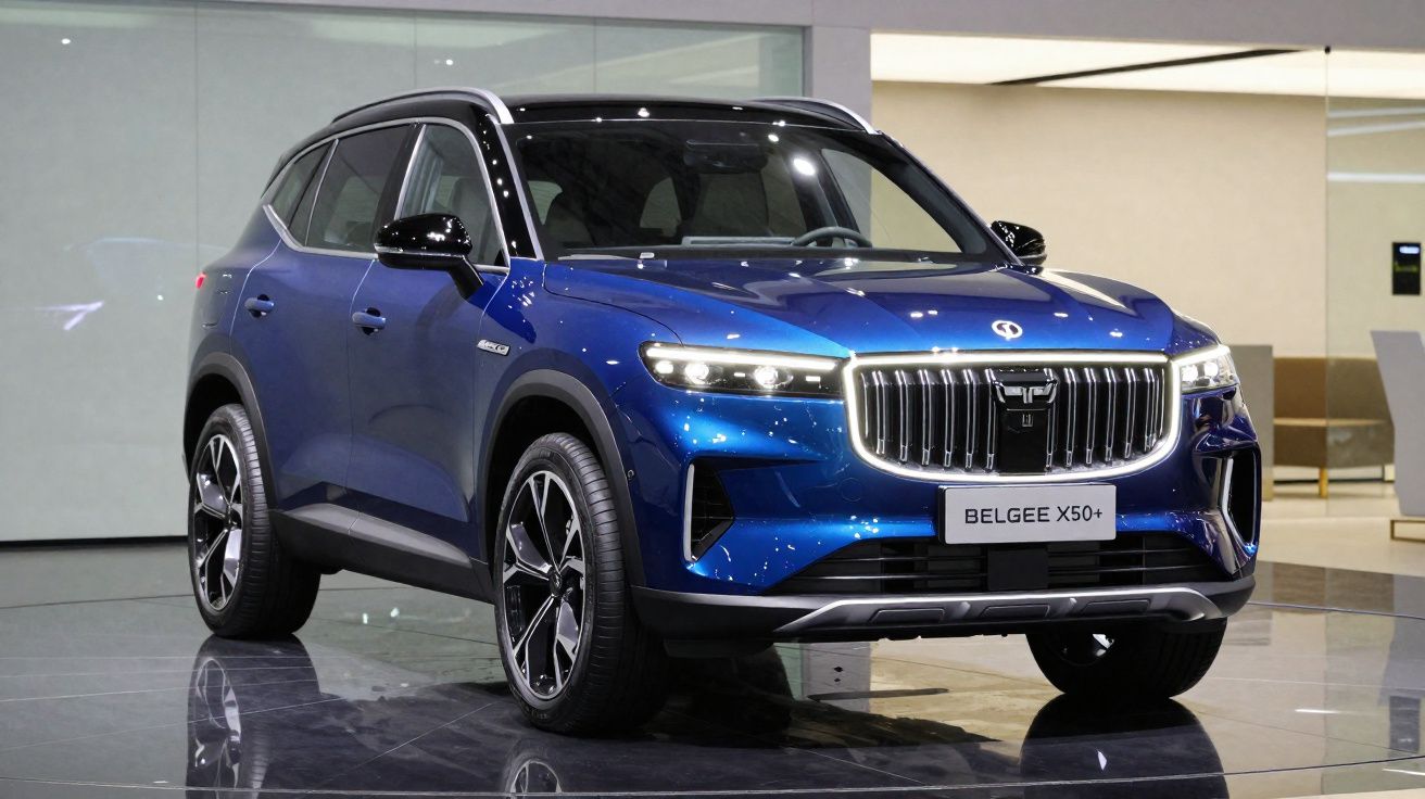 Carro SUV azul metálico Belgee X50+ exibido em salão de automóveis.