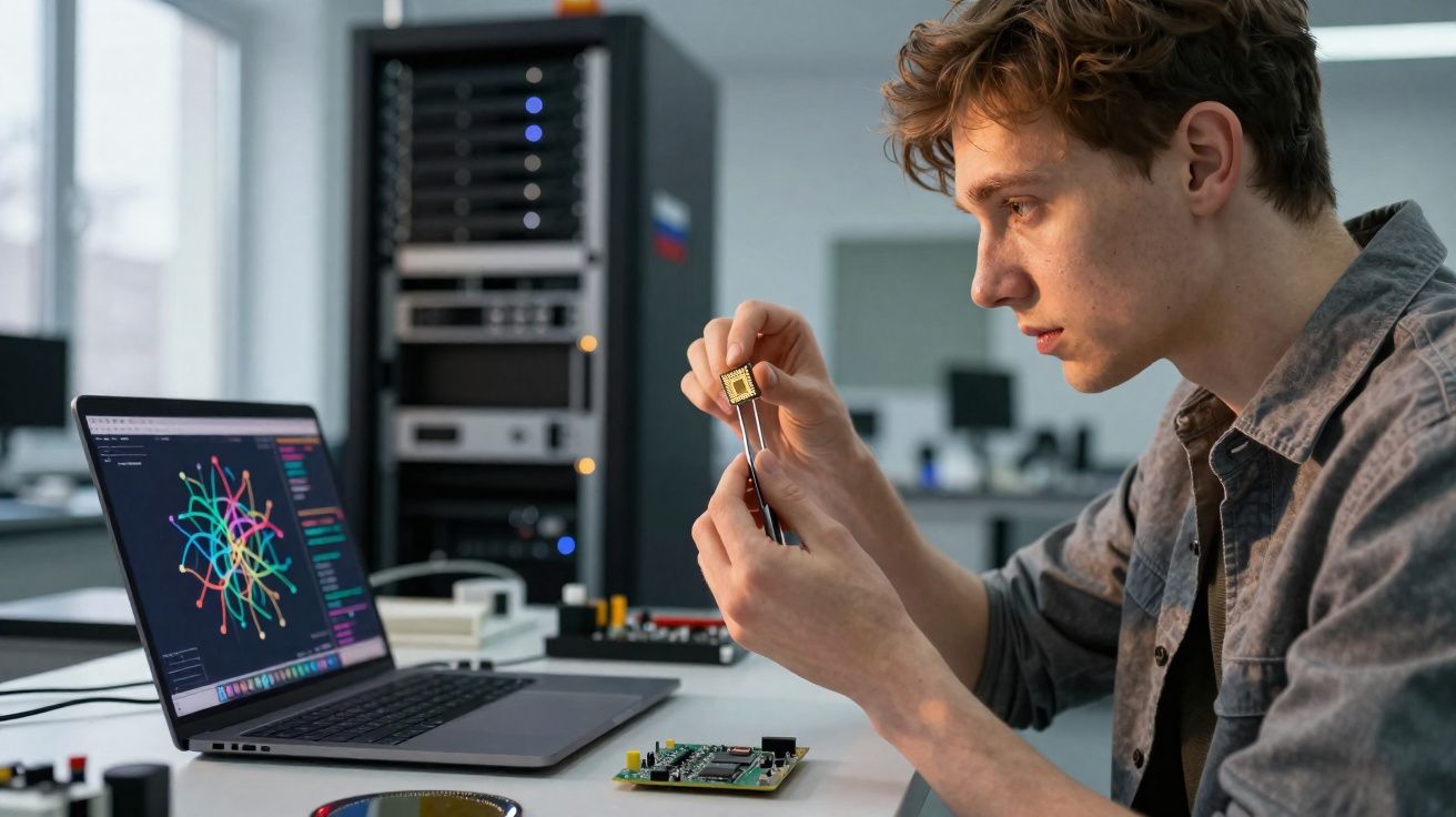 Homem analisando chip eletrônico enquanto trabalha em laboratório de tecnologia com laptop e equipamentos ao fundo.