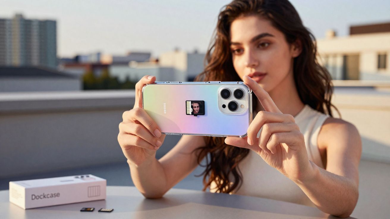 Mulher segurando smartphone com case transparente e adesivo Dockcase em ambiente externo.