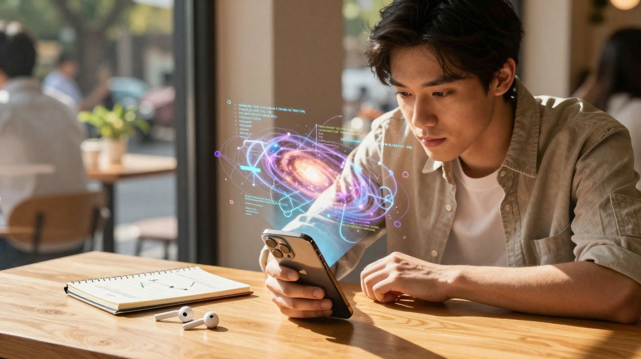 Jovem usando celular em mesa com holograma de galáxia, fones e caderno em ambiente iluminado.