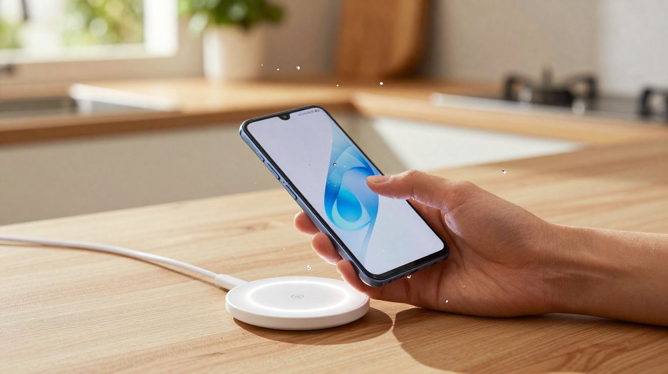 Pessoa usando smartphone próximo a carregador wireless branco sobre mesa de madeira clara.