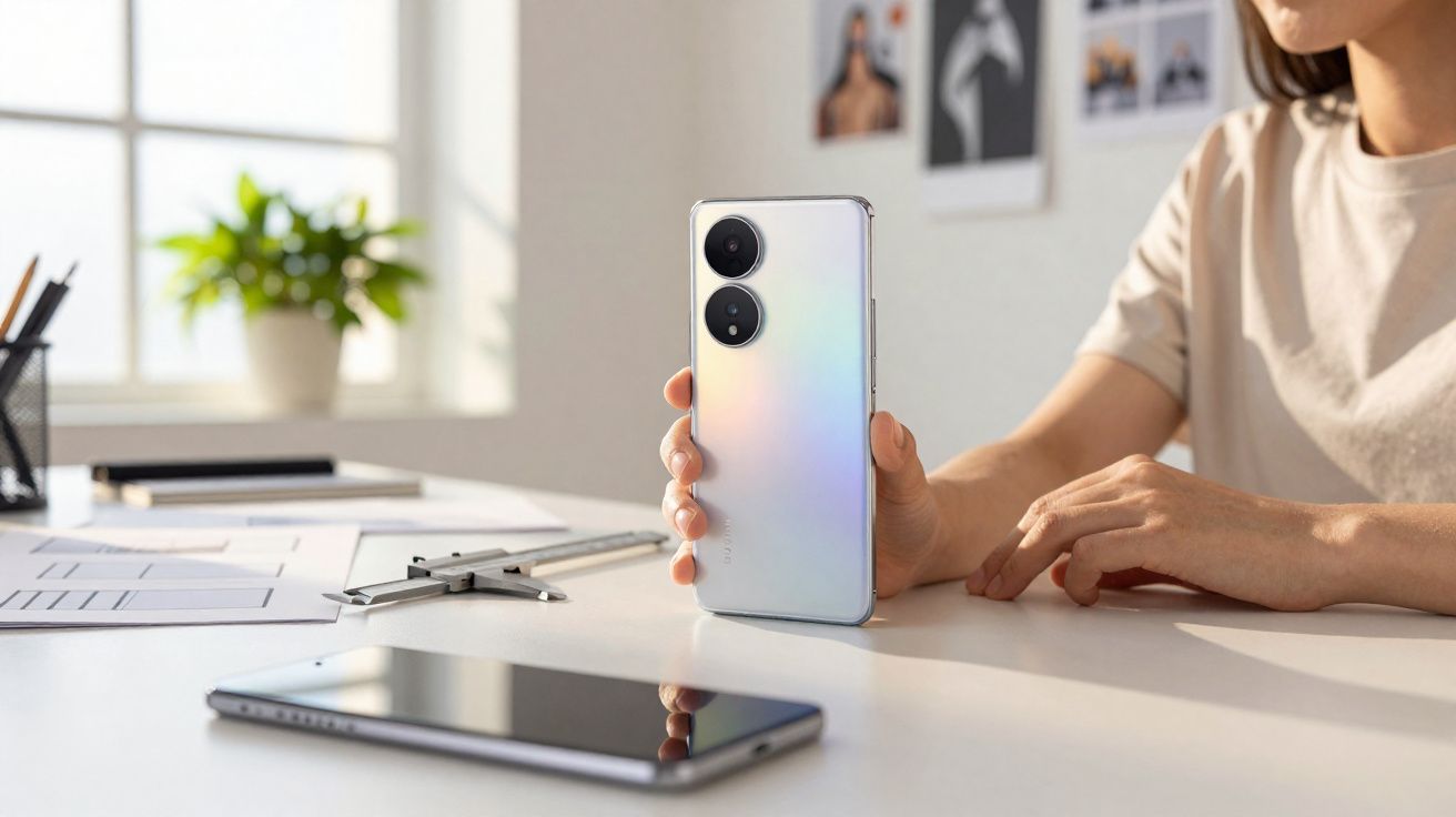 Pessoa segurando celular branco com duas câmeras traseiras em mesa com outro celular e materiais de escritório.