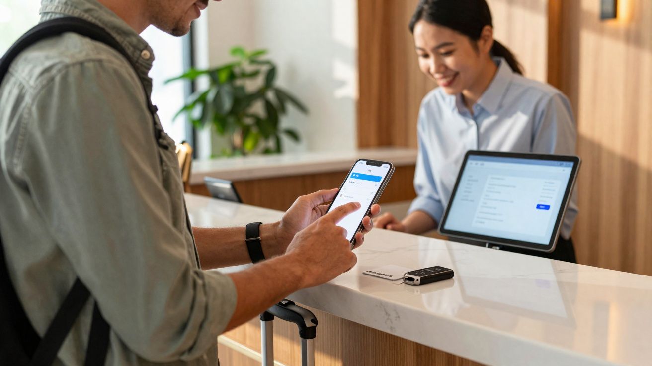 Homem com mochila usa celular no balcão enquanto atendente sorri atrás da mesa de recepção.
