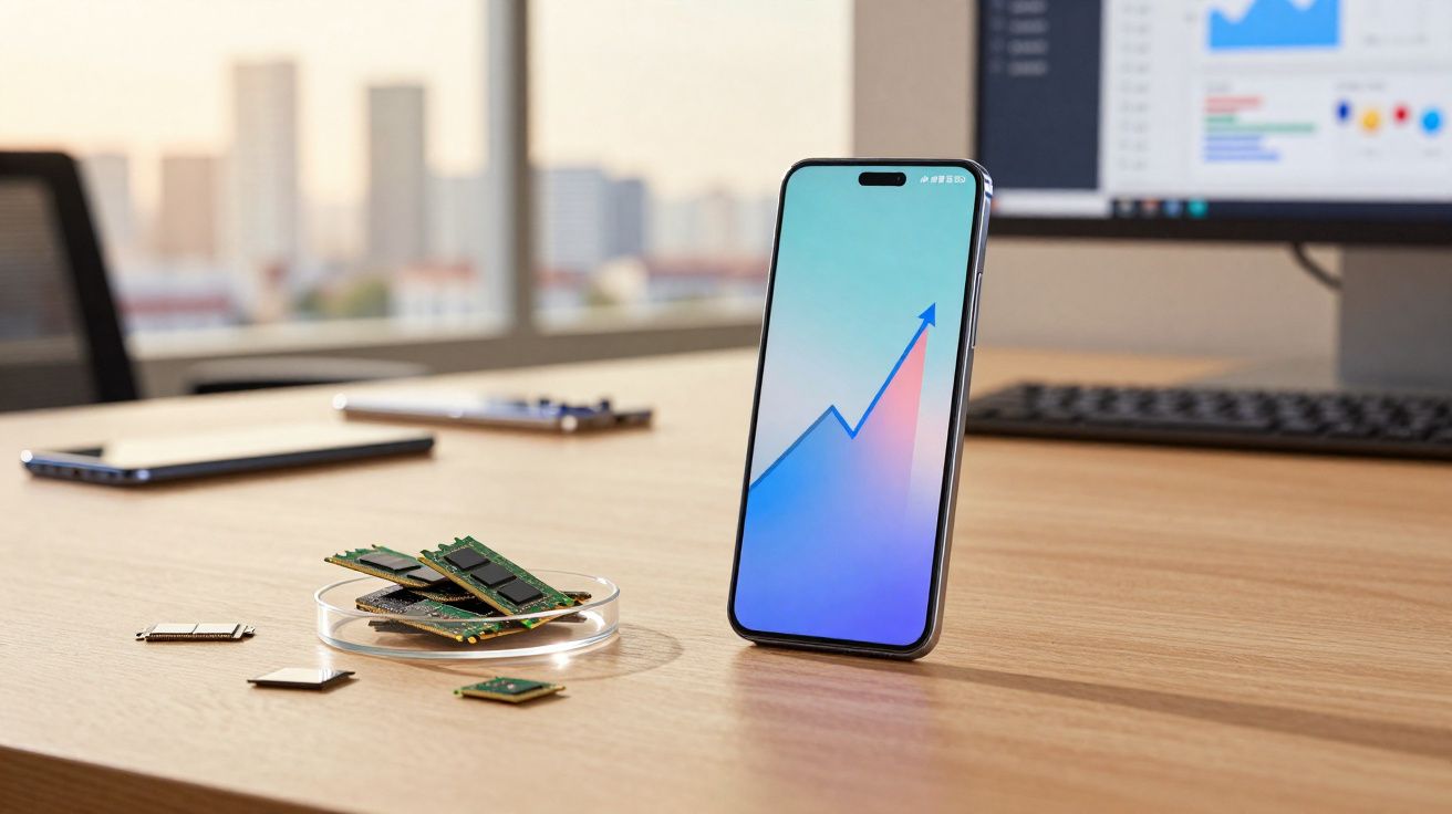 Celular com gráfico de crescimento em tela ao lado de peças de hardware em mesa de escritório.