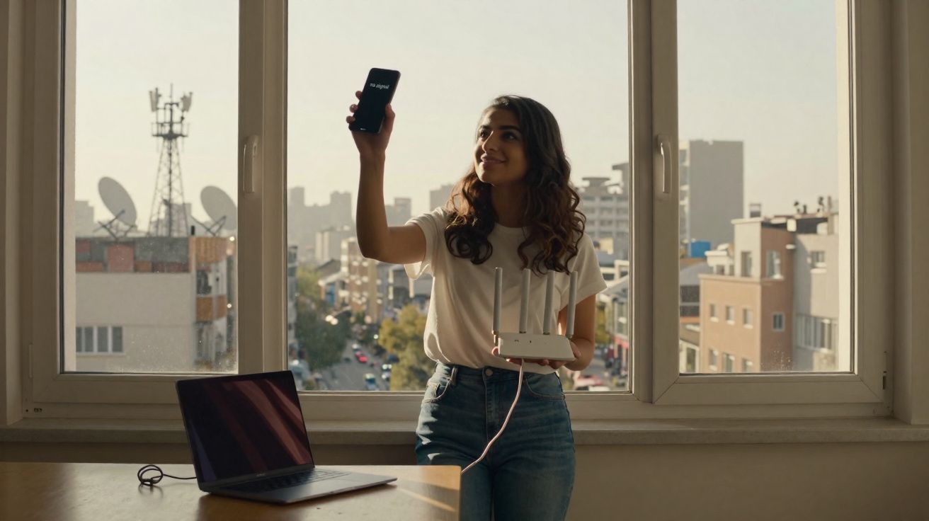 Mulher segura roteador e mostra celular com sinal de Wi-Fi em frente a janela com vista urbana ao fundo.