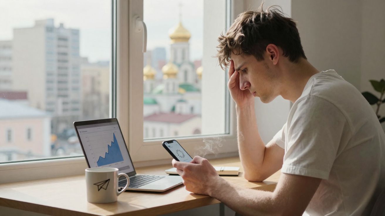 Jovem preocupado olhando para celular com laptop e caneca sobre mesa perto de janela, com edifícios ao fundo.