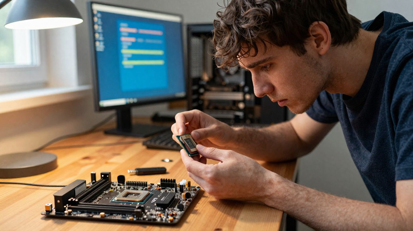 Jovem concentrado montando computador, segurando processador próximo à placa-mãe em mesa de madeira.