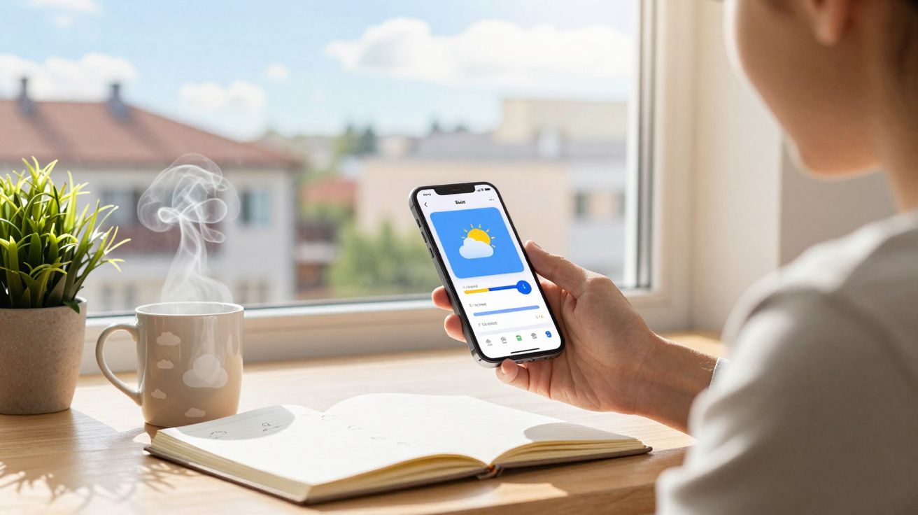 Pessoa segurando celular com app de previsão do tempo, ao lado de xícara quente e caderno aberto na mesa próxima à janela.