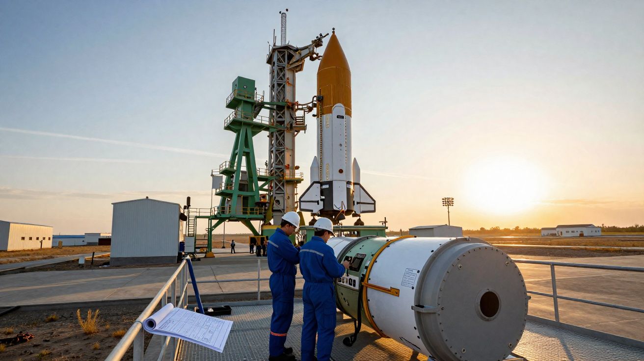 Dois técnicos em macacão azul trabalham em equipamento próximo a um foguete na plataforma ao pôr do sol.