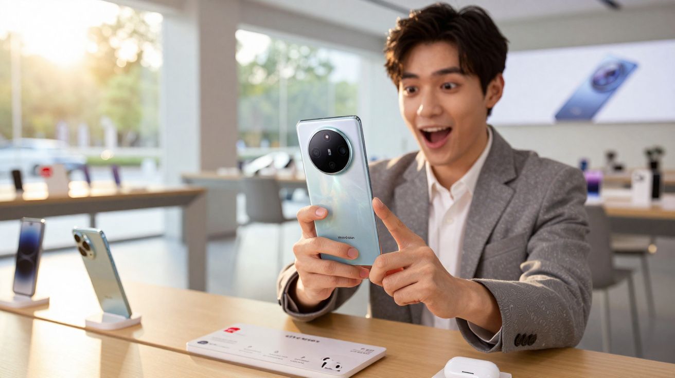 Homem sorridente segurando smartphone Huawei em loja de eletrônicos moderna e iluminada.