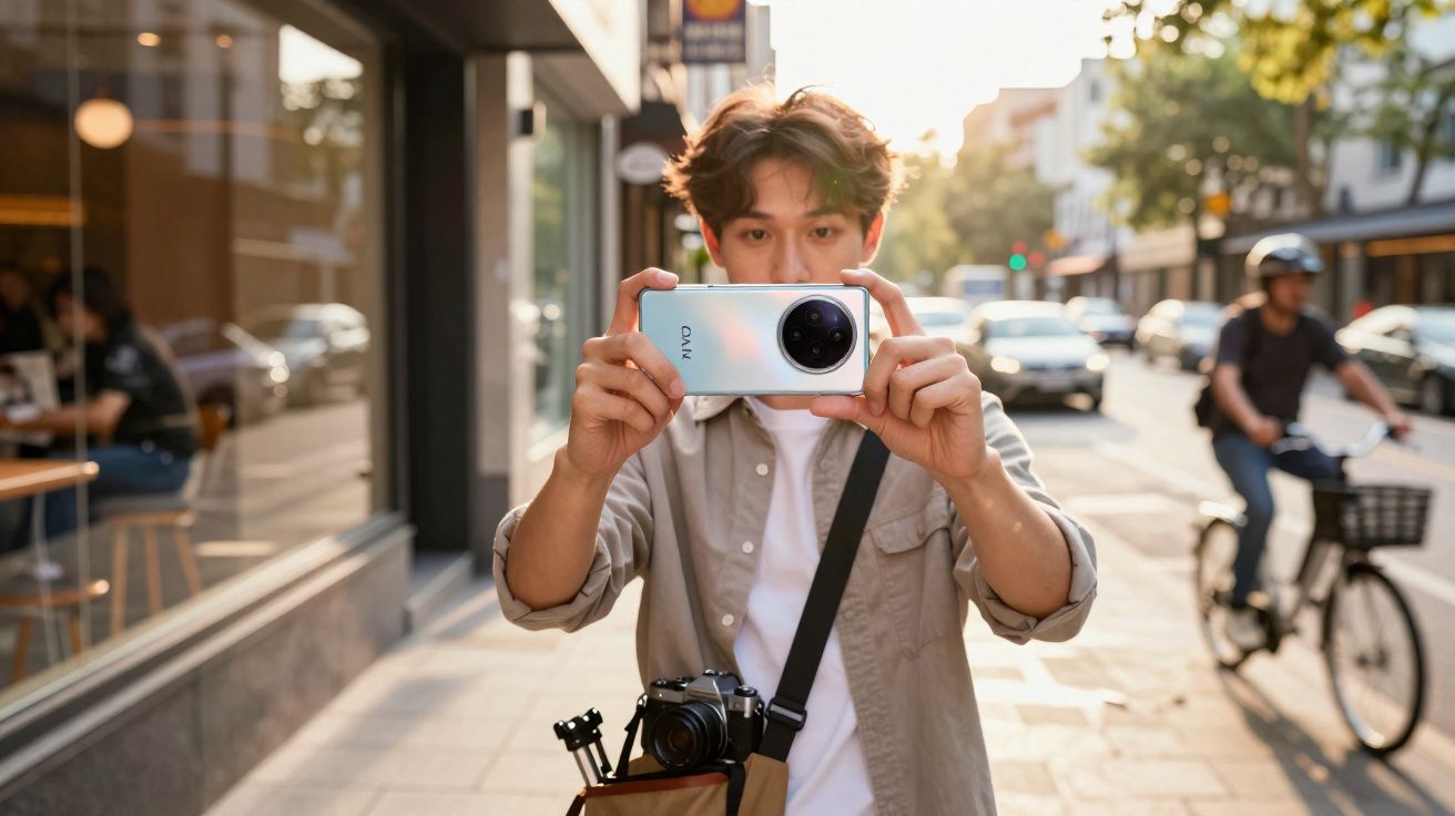 Jovem tirando foto com smartphone em rua movimentada ao entardecer, com bicicleta ao fundo.