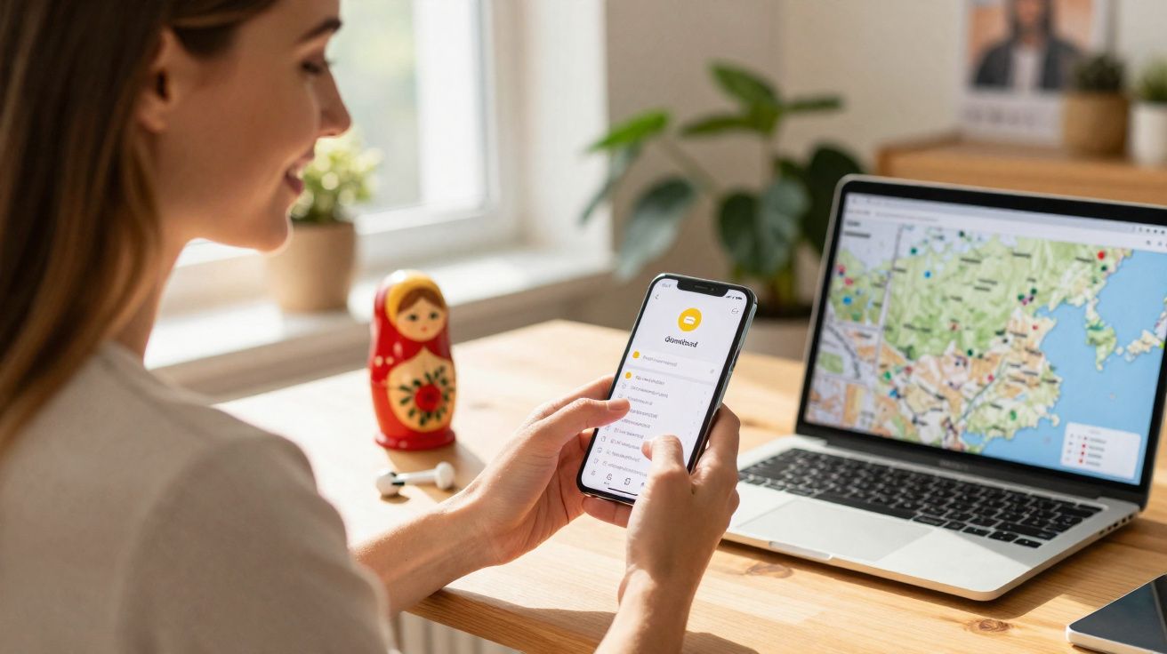 Mulher sentada à mesa usando celular com laptop exibindo mapa aberto em ambiente iluminado.