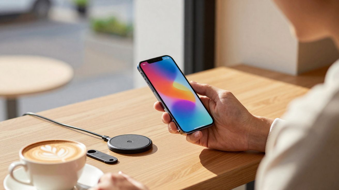 Pessoa segurando smartphone ao lado de café e base carregadora wireless sobre mesa de madeira.