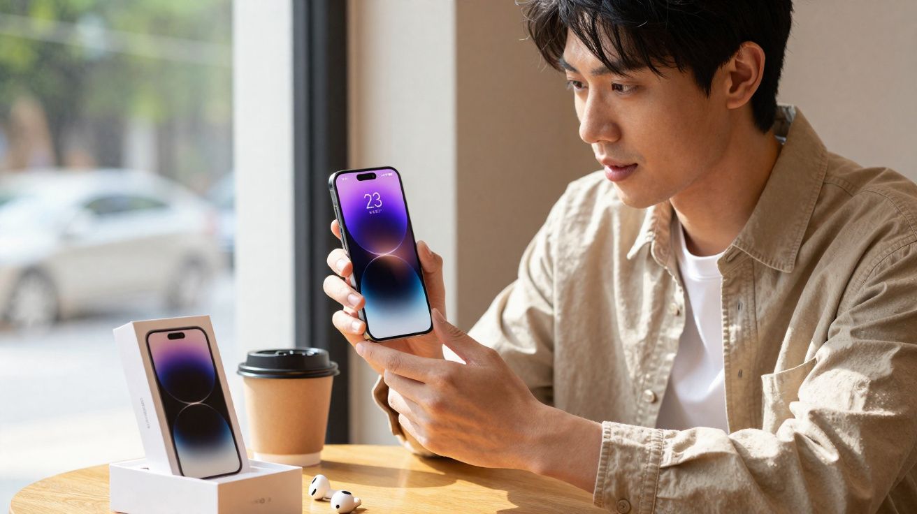 Jovem sentado à mesa segura smartphone novo, com embalagem, café e fones de ouvido sobre a mesa.