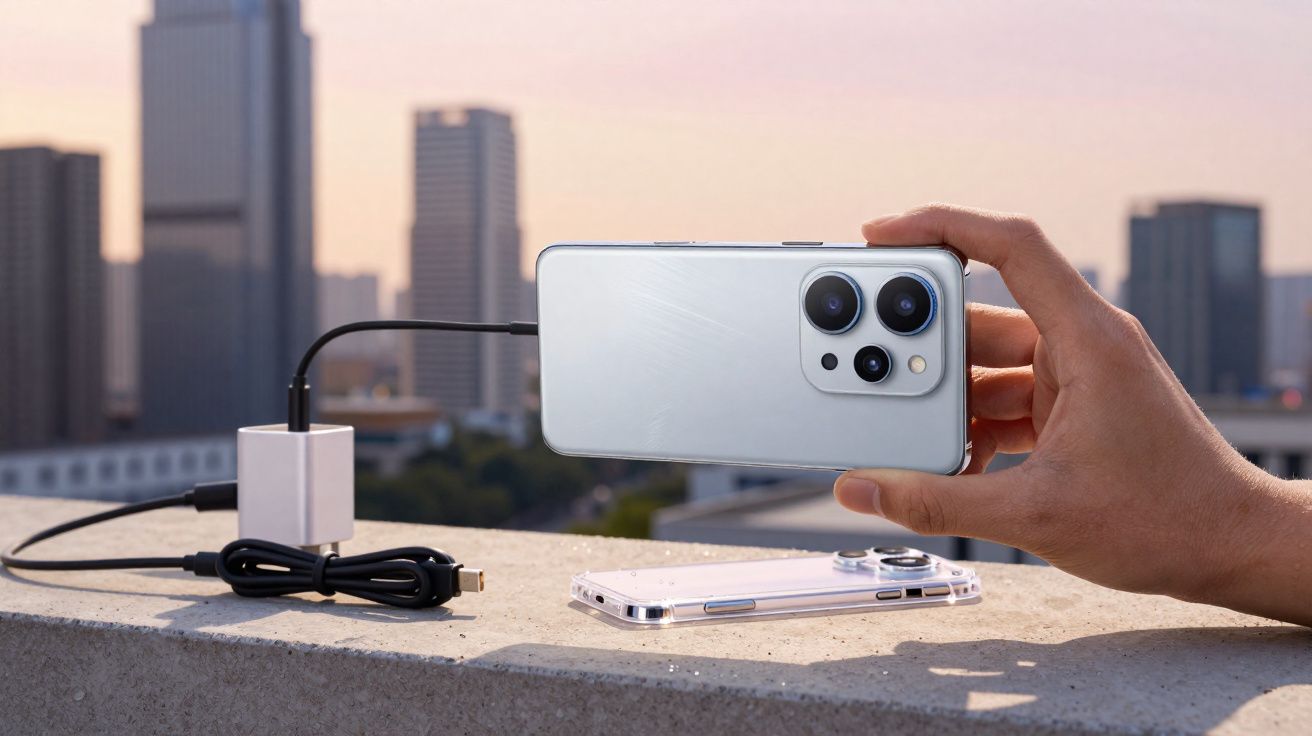 Mão segurando smartphone branco conectado a carregador rápido com prédios desfocados ao fundo.
