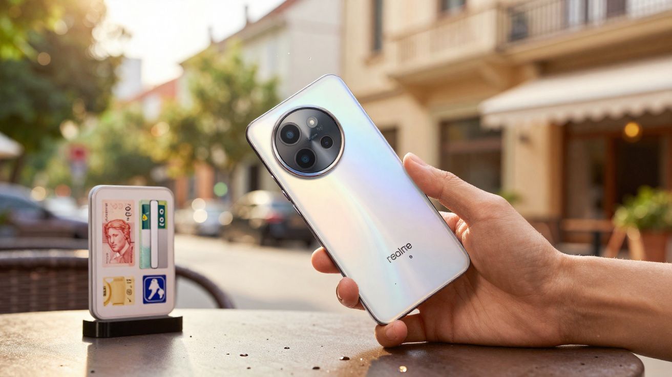 Pessoa segurando smartphone Realme prateado com câmera traseira tripla em mesa ao ar livre.