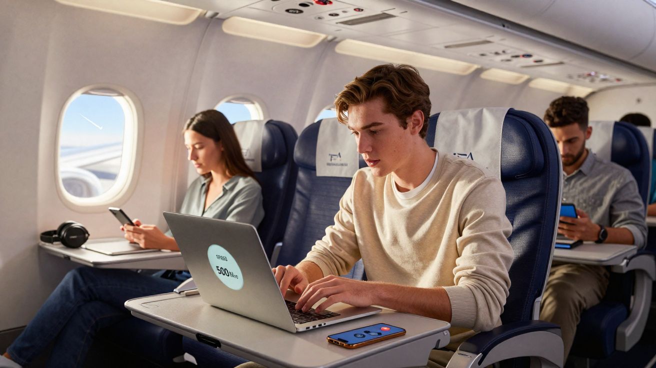 Três passageiros em um avião usando dispositivos eletrônicos nas poltronas na classe econômica.