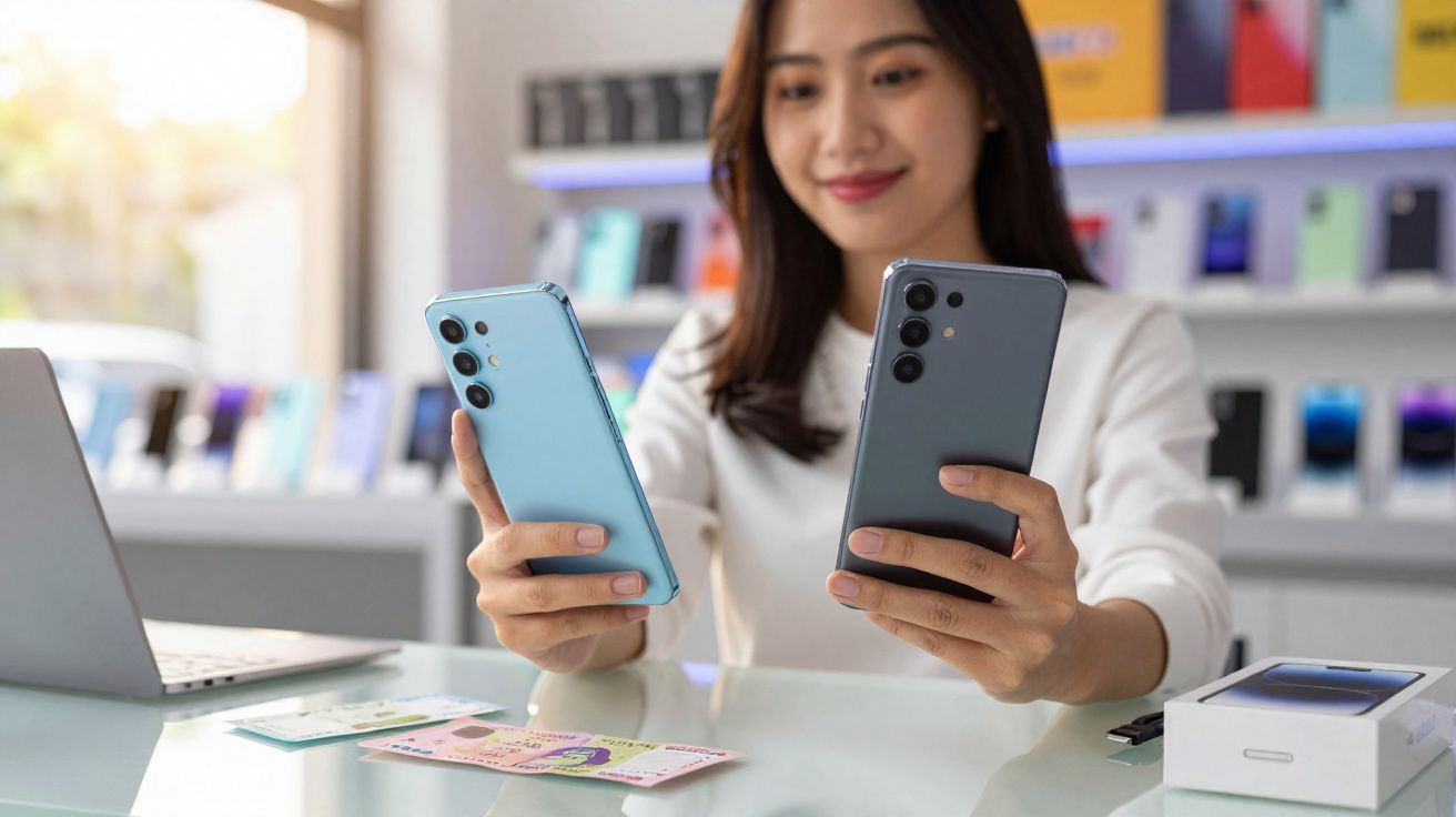 Mulher segurando dois celulares enquanto compara dispositivos em loja tecnológica moderna.