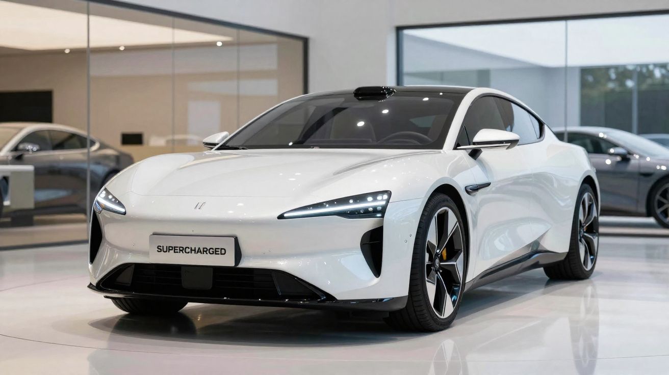 Carro esportivo branco elétrico estacionado em ambiente interno moderno com iluminação suave.