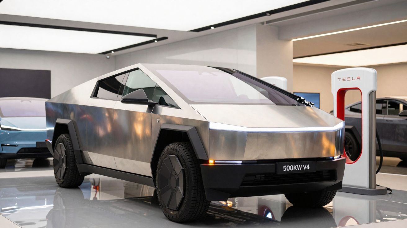 Carro elétrico Tesla Cybertruck prateado estacionado em showroom com estação de recarga ao fundo.