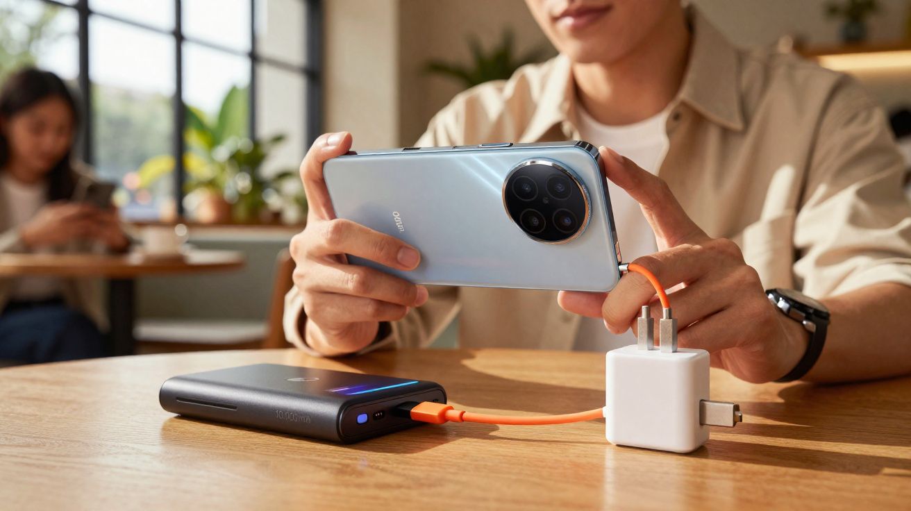 Pessoa segurando smartphone enquanto bateria portátil é carregada por tomada com cabo laranja em mesa de madeira