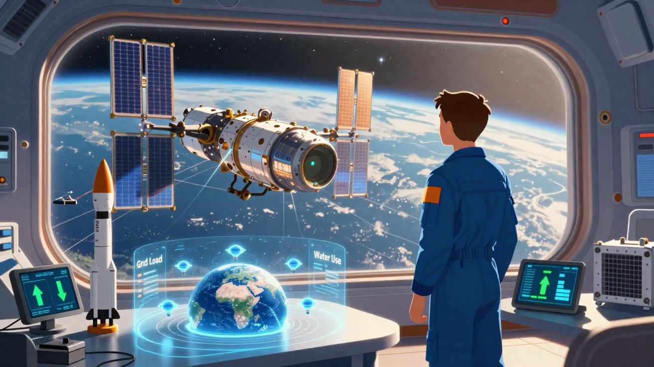 Astronauta observa estação espacial e planeta Terra com holograma em cabine futurista.