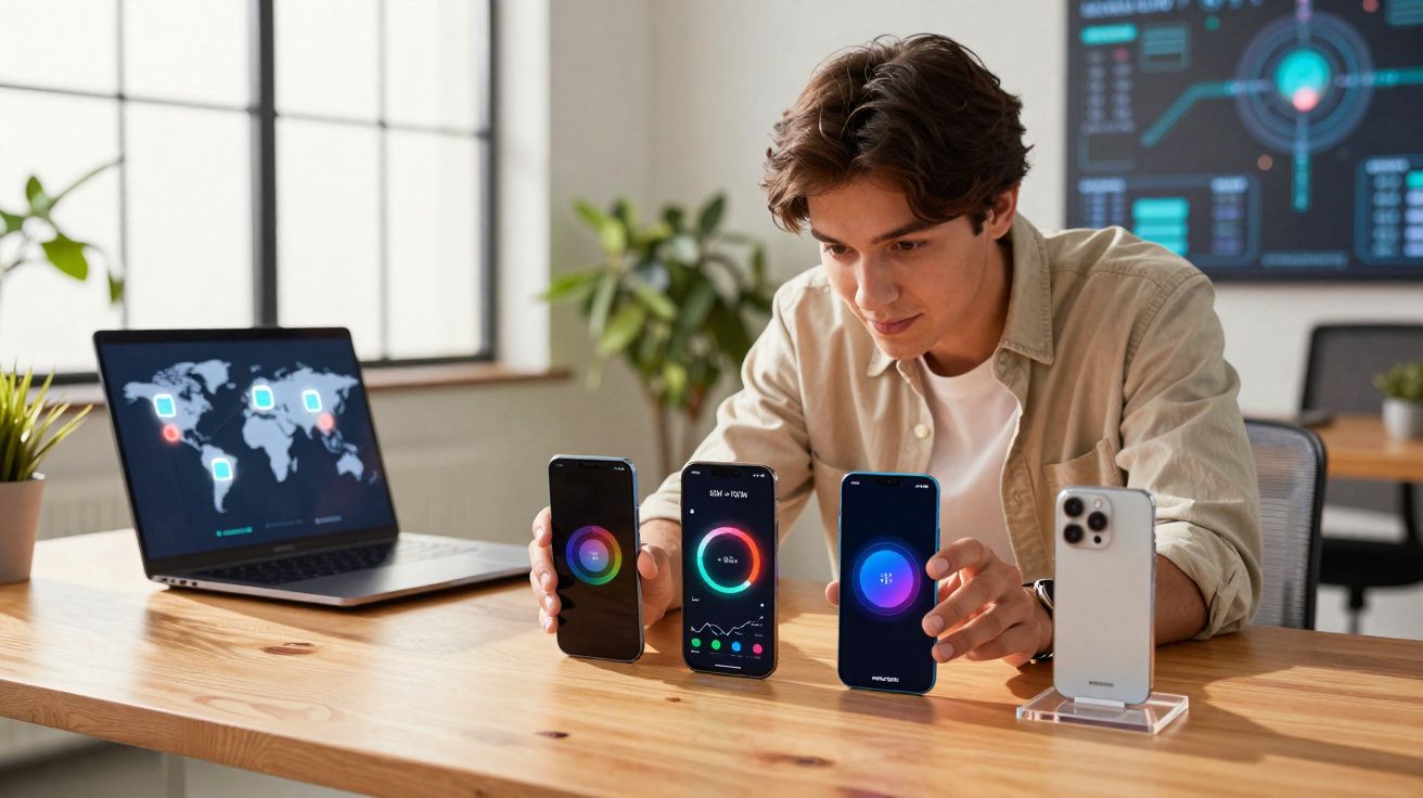 Jovem em escritório testando aplicativos coloridos em três smartphones apoiados na mesa de madeira.