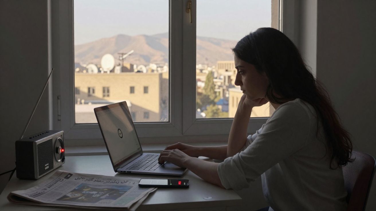 Mulher sentada em mesa perto da janela usando laptop, com rádio, celular e jornal ao lado.
