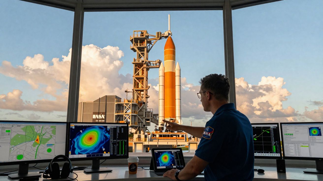 Homem observa foguete em plataforma da NASA por janela, com vários monitores à sua frente.