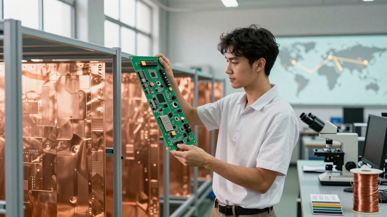 Jovem segurando placa de circuito em laboratório de tecnologia com equipamentos eletrônicos ao fundo.
