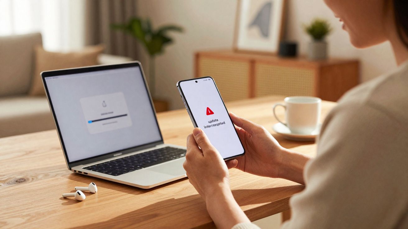 Pessoa segurando celular com aviso de erro de atualização, ao lado de notebook com progresso de instalação aberta.