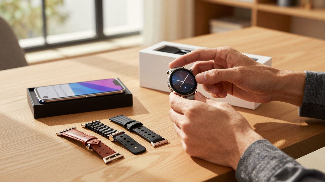 Pessoa ajustando um relógio inteligente com pulseiras intercambiáveis e celular sobre mesa de madeira.