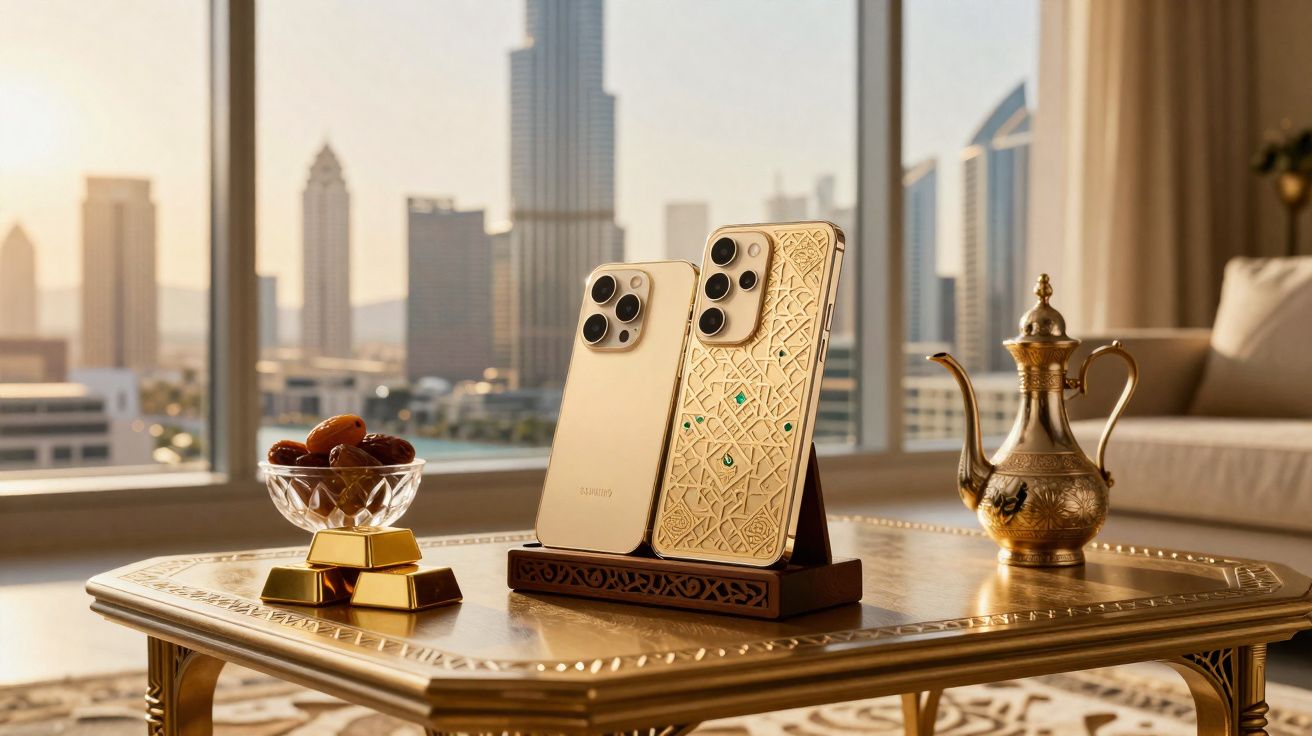 Dois smartphones dourados em suporte sobre mesa decorada, ao lado de tâmaras em taça e bule dourado, com vista urbana.