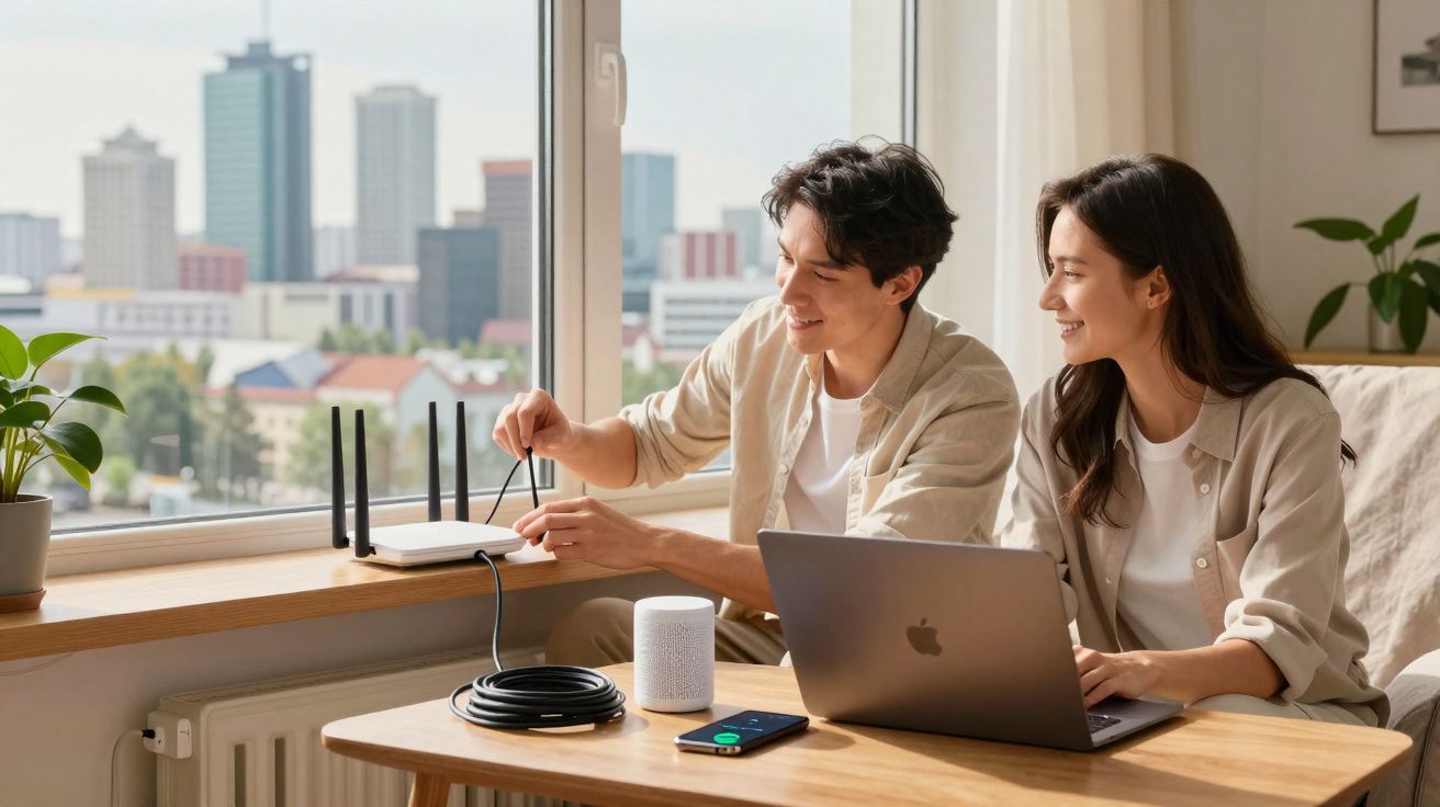 Casal jovem conectando cabo em roteador perto de laptop com smartphone na mesa em ambiente iluminado.