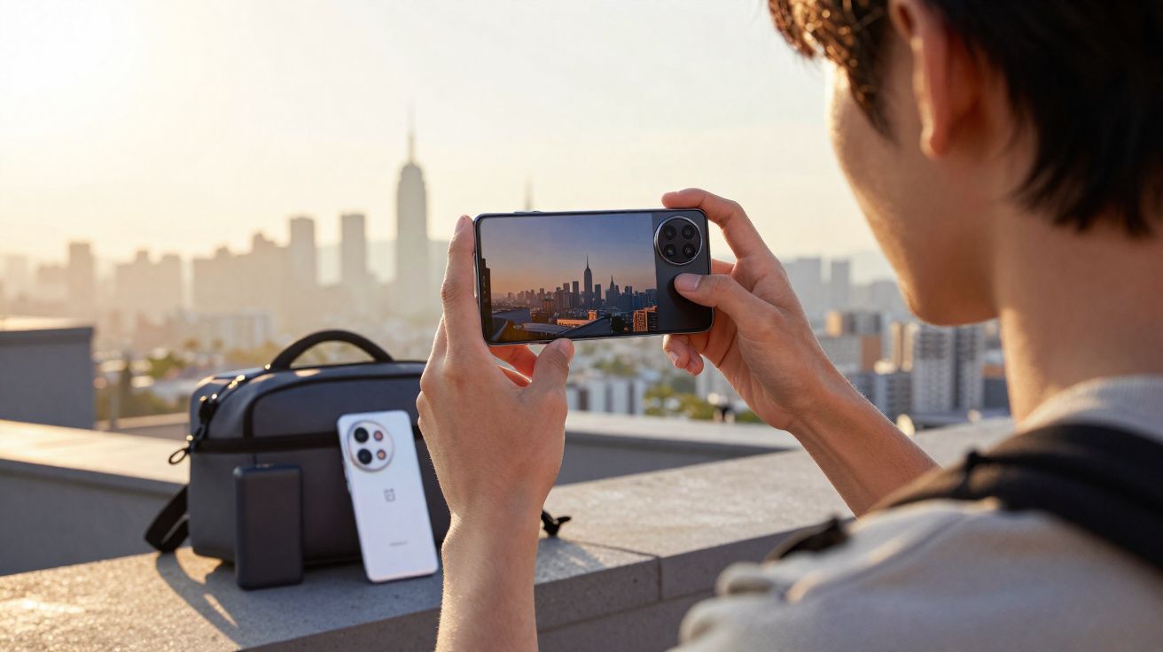 Pessoa fotografando a paisagem urbana de um skyline ao pôr do sol com um smartphone preto.