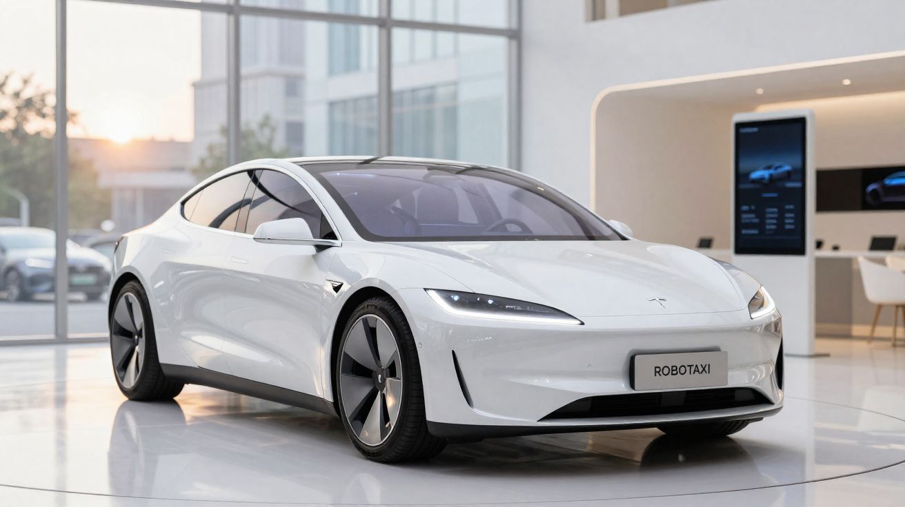 Carro elétrico branco Tesla modelo Robotaxi em salão moderno com luz natural entrando pelas janelas.