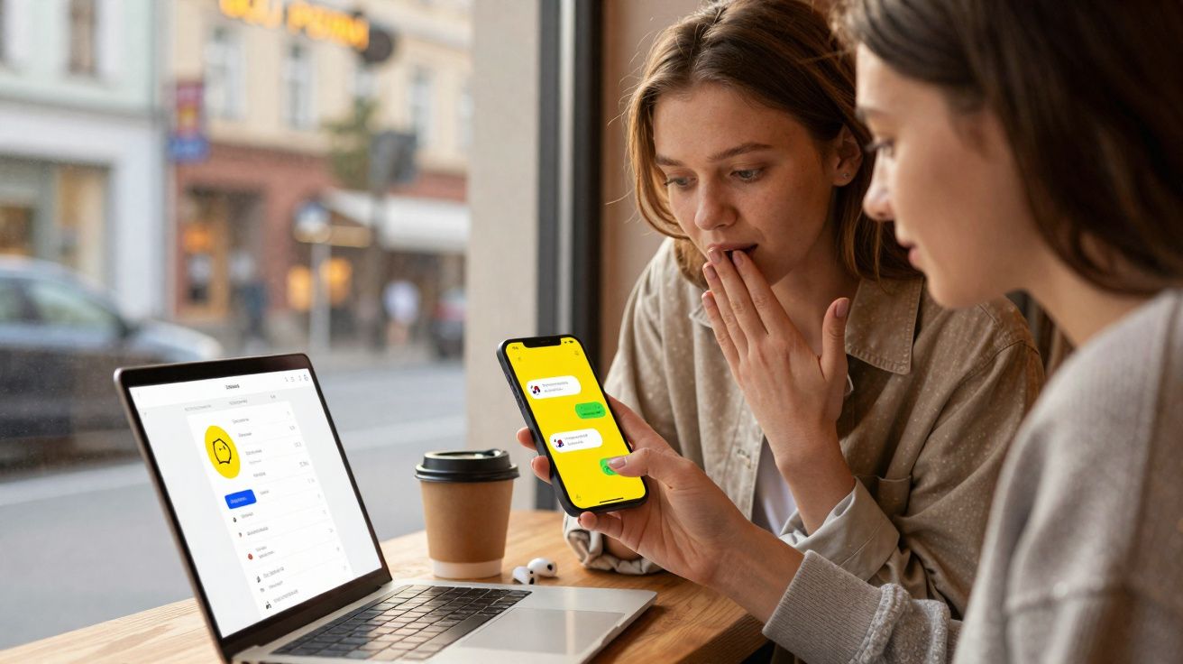 Duas mulheres sentadas em cafeteria, olhando para celular com expressão de surpresa e laptop aberto na mesa.
