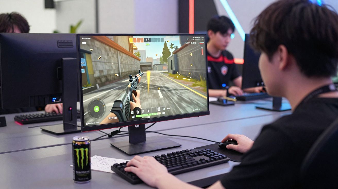 Jovem jogando game de tiro em primeira pessoa em computador, com lata de energético ao lado.