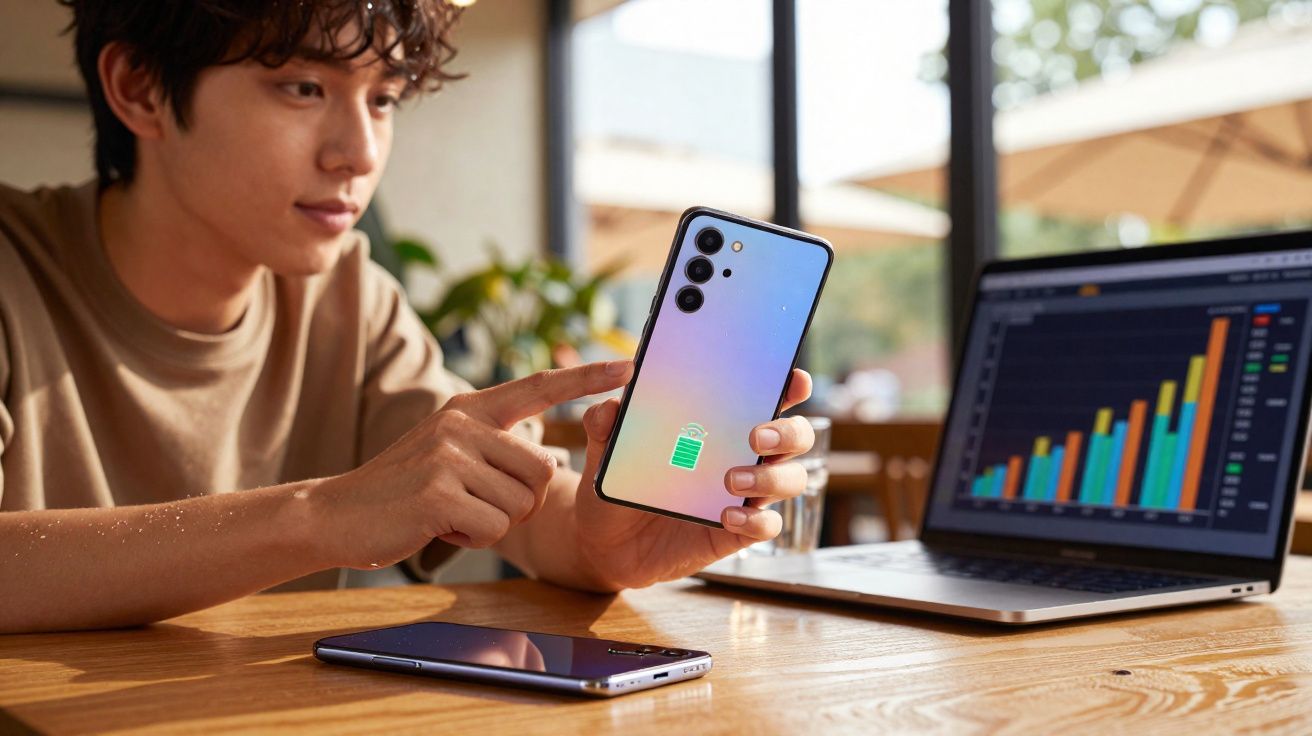 Homem segurando smartphone com ícone de carregamento na tela em mesa com notebook exibindo gráficos.